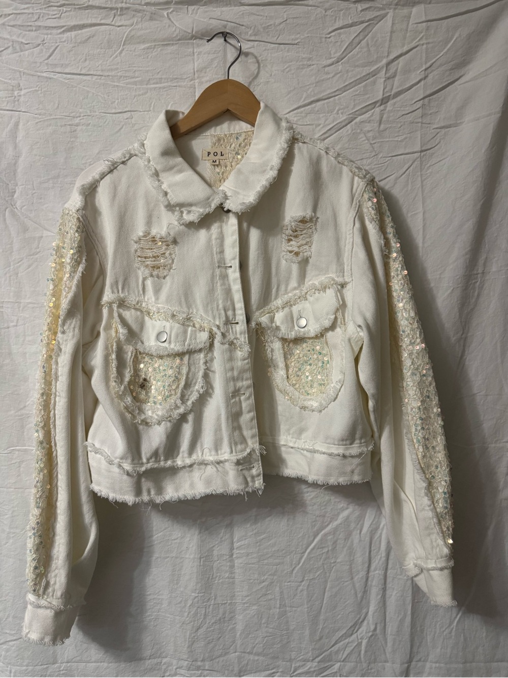 POL White Cropped Sequin-Trim Jean Jacket
